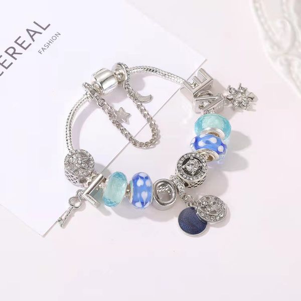 16-21CM Buchstabe Schmuck blauer Sternenhimmel Anhänger Bettelarmband für 925 Silber Schlangenkette Kristallperlen passen DIY Armreif als Geschenk für Busenfreunde