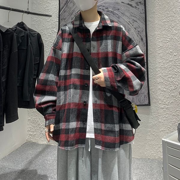 

2021 new spring cotton plaid men's fashion hit color retro casual shirt men streetwear korean loose long-sleeved shirts mens coat gyzl, White;black