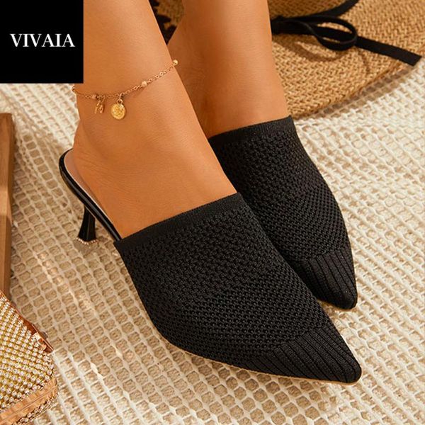 

sandals muller semi-sippers women knitting shoes summer 2021 vivaia fashion casual thin high heels mules, Black