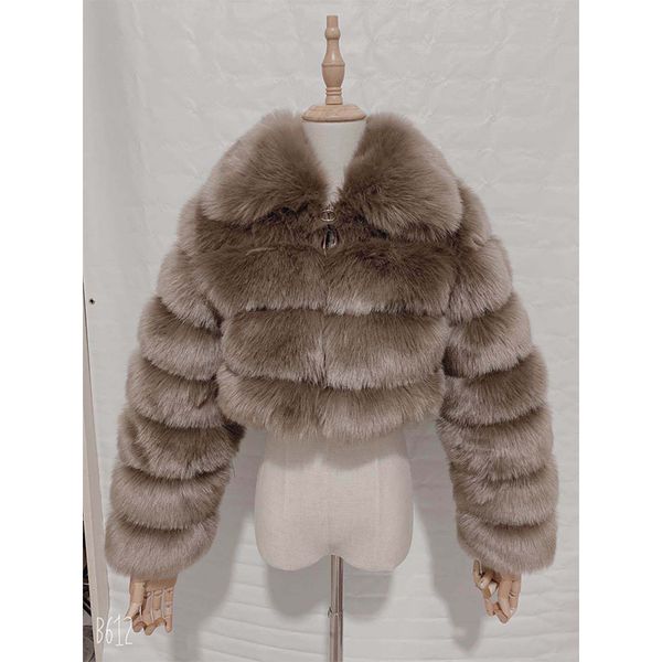 

faux fox fur winter jacket for women, short long sleeve zipper coat, Black