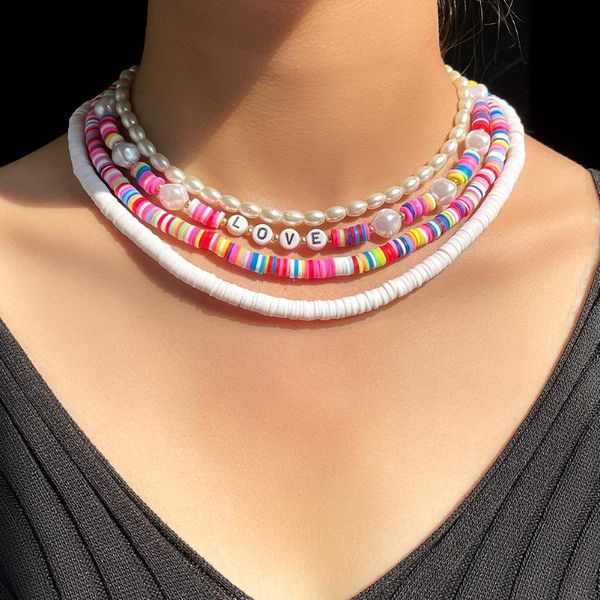 

chains 4pcs boho pink soft pottery clay beaded choker necklace for women multilayer colorful pearl beads chain beach gifts jewelry, Silver