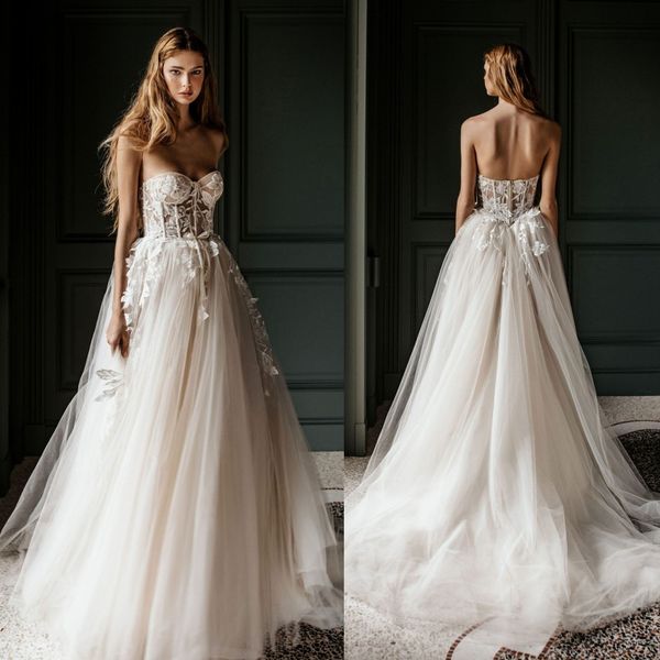 

berta lace appliqued wedding dresses sweetheart neck bridal gowns beach floor length a line sweep train tulle vestido de novia, White