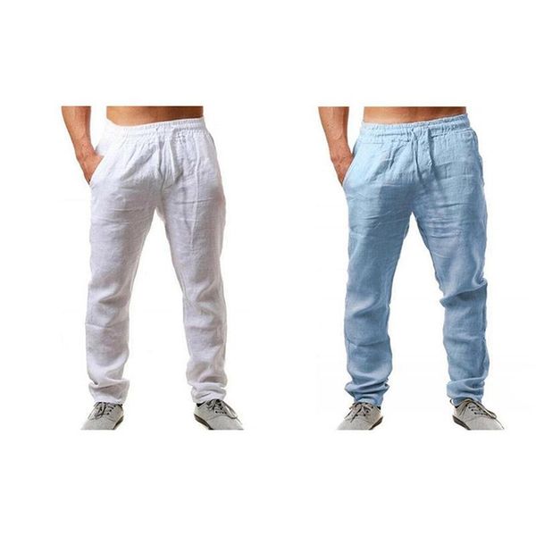

men's pants 2 pcs men cotton and linen trousers loose solids harem casual hip hop m, white & blue, Black