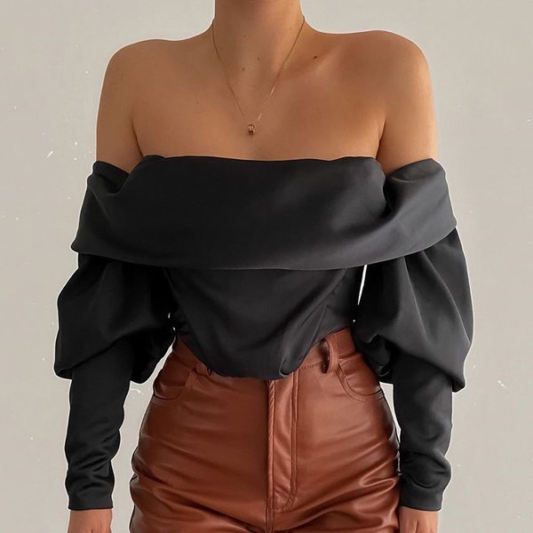 

2021 female autumn new fashion style off the shoulder long sleeve stack slash skinny black neck short fc4a, White