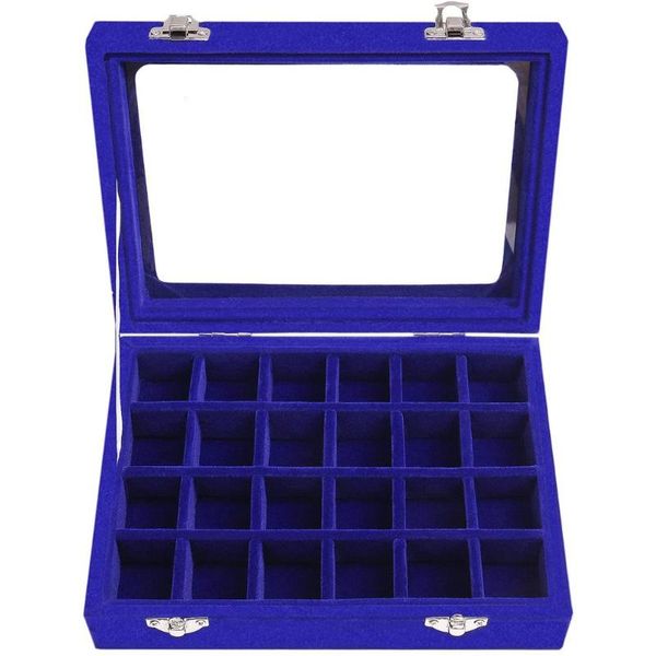 

jewelry pouches, bags 24 grids velvet glass jewellery ring display organiser box earrings storage holder, Pink;blue