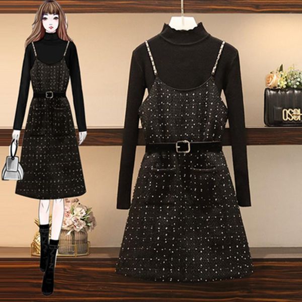 

women's tracksuits fashion dot tweed dress sweater 2 piece set women fall winter black + retro belt pocket v-neck strap suits, Gray