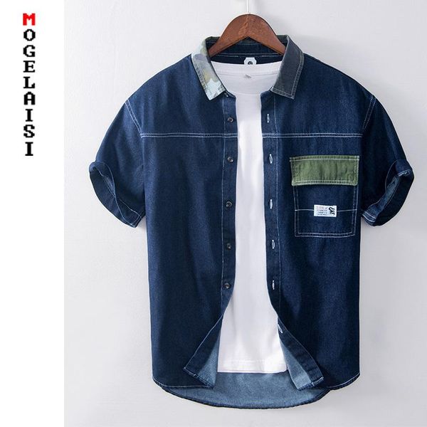 

men's casual shirts shirt men short sleeve 100% cotton dark blue denim man summer clothing asian size 874, White;black