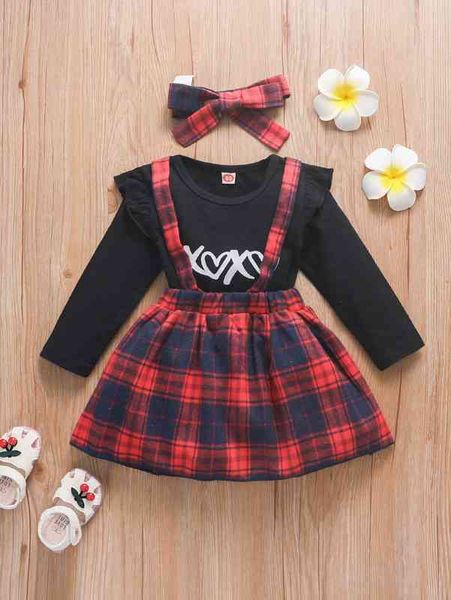 

baby letter graphic ruffle trim & plaid pinafore skirt she, White