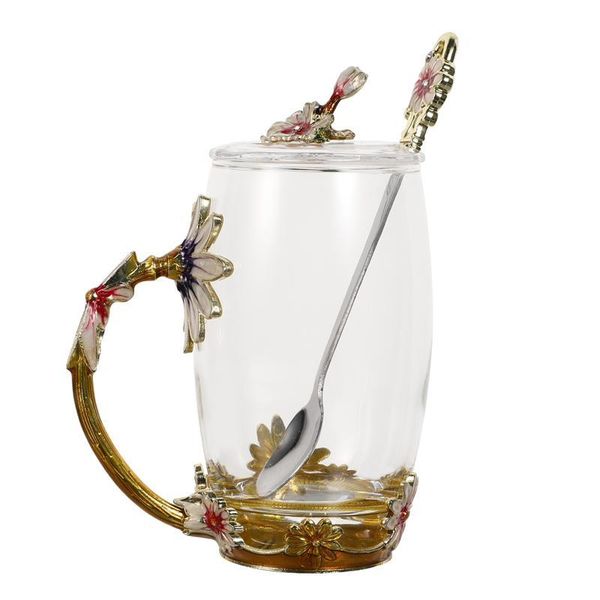 

mugs 1 set enamel flower coffee cup mug tea glass with spoon lid for wedding gift