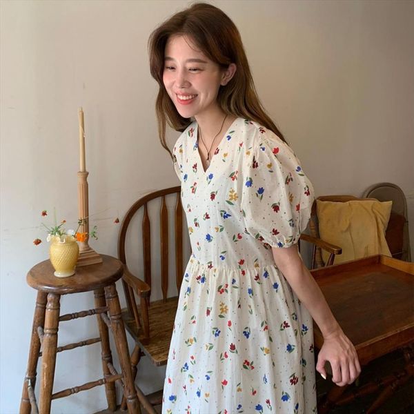 

summer v neck long floral womens dress high waist puff sleeve pullover maxi sundress basic, Black;gray