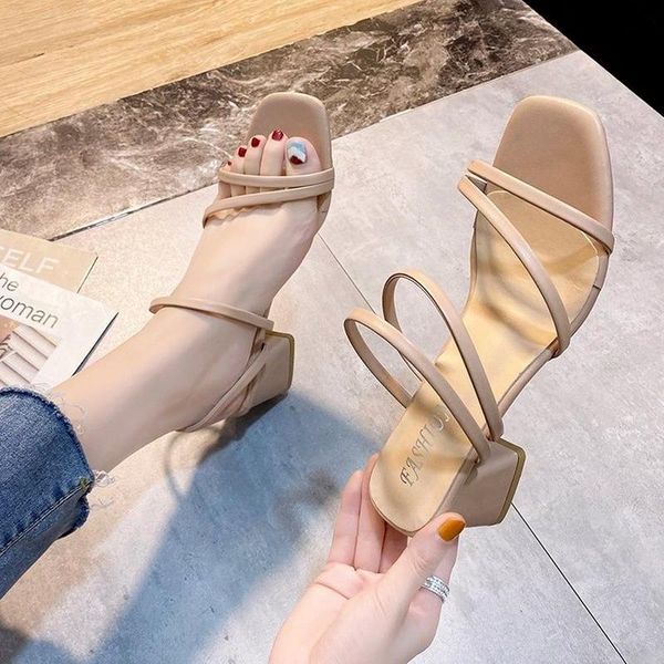 

sandals 2021 ladies thick heel slippers summer flip flops narrow strap elegant mules large size, Black