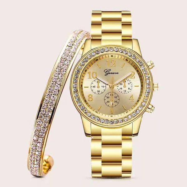 

wristwatches women watch + bangle for bracelet crystal luxury simple gold set jewelry 2pcs/set gifts, Slivery;brown