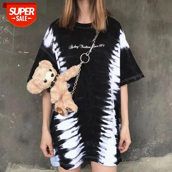 

tie-dye hit color short-sleeved t-shirts students new letters printing hip-hop streetwear men women summer loose t-shirt #wx5a, White
