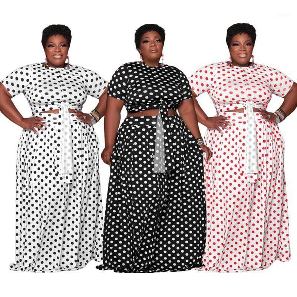 

plus size tracksuits women clothing two piece set 5xl fashion round collar dots maxi skirts suits wholesale drop, Black