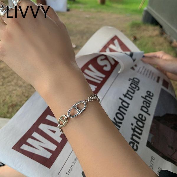 

link, chain livvy silver color hollow geometric bracelet women punk trendy vintage classic creativity design fashion jewelry party gifts, Black