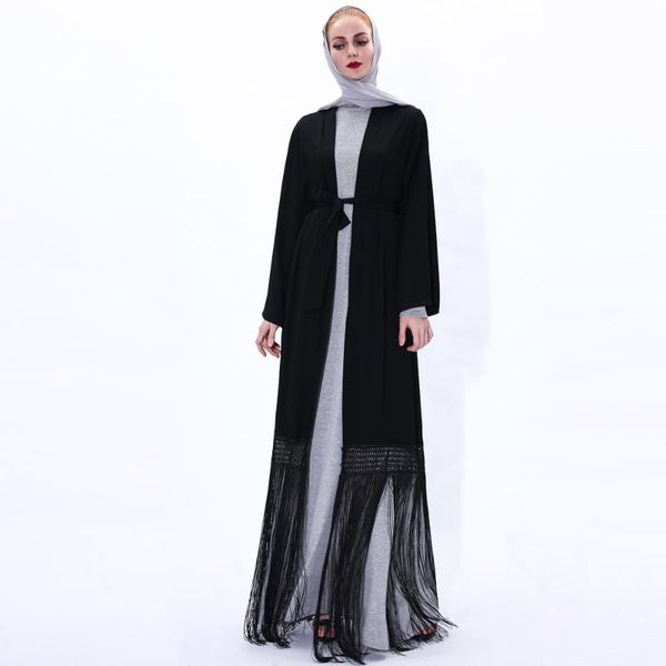 

casual dresses spring women open front plain black nida abaya kimono with tassels dubai turkery muslim hijab dress kaftan for eid, Black;gray