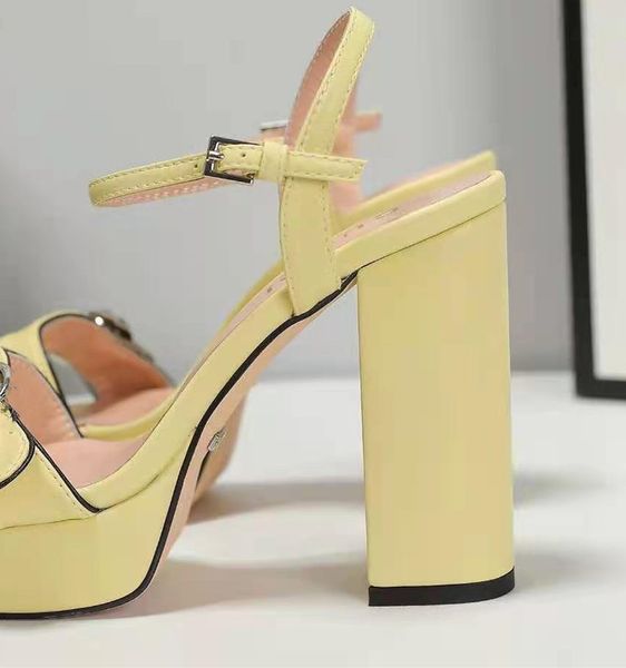 

chic women leather platform sandals letter gold-tone metal summer designer lady ankle strap buckle high chunky heel rubber outsole sandal, Black