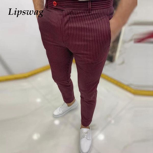 

men's pants 2021 spring autumn mid waist skinny long business casual slim trousers fashion striped printing pencil for men, Black