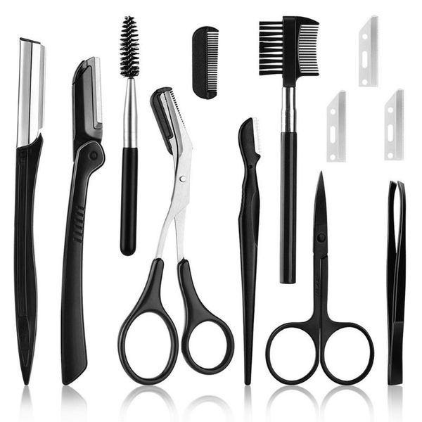 

eyebrow tools & stencils 11pcs professional trimming tool set stainless steel foldable scissors comb razor clip make up