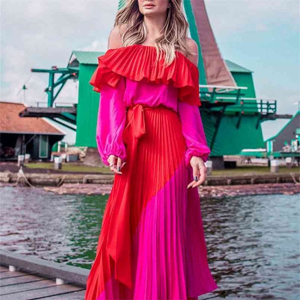 

women slash neck off shoulder maxi dresses summer long sleeve lace up beach sundress plus size vestido robe femme 210601, Black;gray