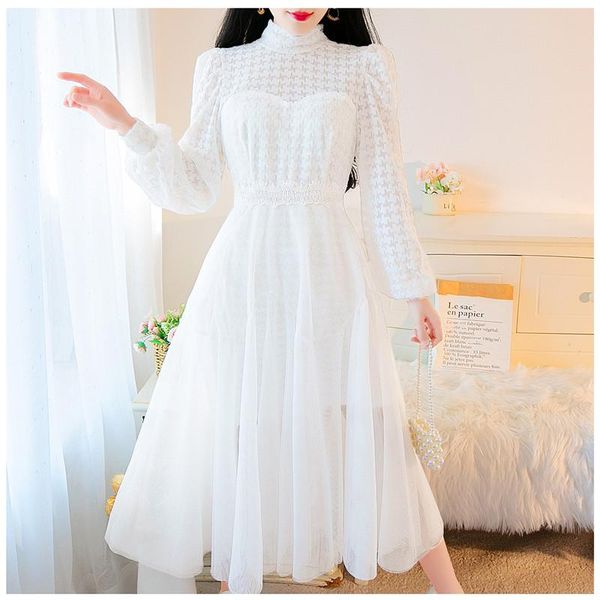 

casual dresses sweetxue 2021 women's spring autumn party dress sweet kawaii hollow long sleeve mesh 2piece set elegant temperament chic, Black;gray