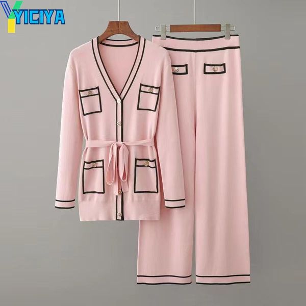 

women's two piece pants winter long-sleeve knitted suit female lace-up waist mid-length cardigan + wide-leg two-piece tracksuit women, White