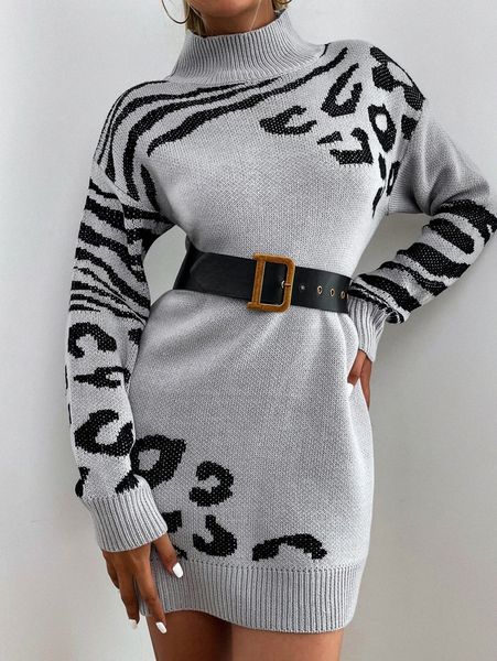 

leopard and zebra striped pattern drop shoulder sweater dress without belt 649n#, Black;gray
