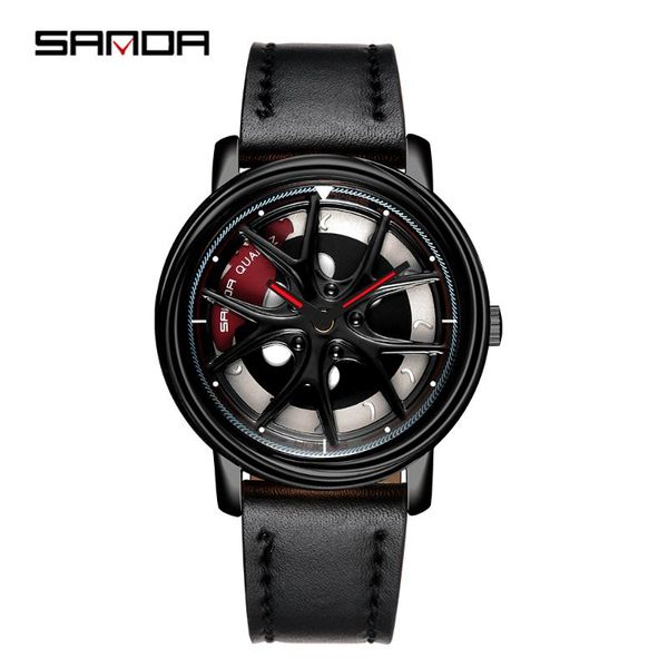 

wristwatches sanda brand men's watches fashion casual car wheel dial leather watch for men waterproof quartz movement wristwatch, Slivery;brown