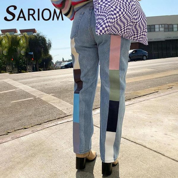 

women's jeans block printed cotton blue vintage korean fashion streetwear patchwork straight denim slim pants pantalones vaqueros