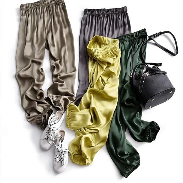 

summer thin basic smooth womens capris satin harem elastic waist ankle length breathable casual loose band trousers, Black;white
