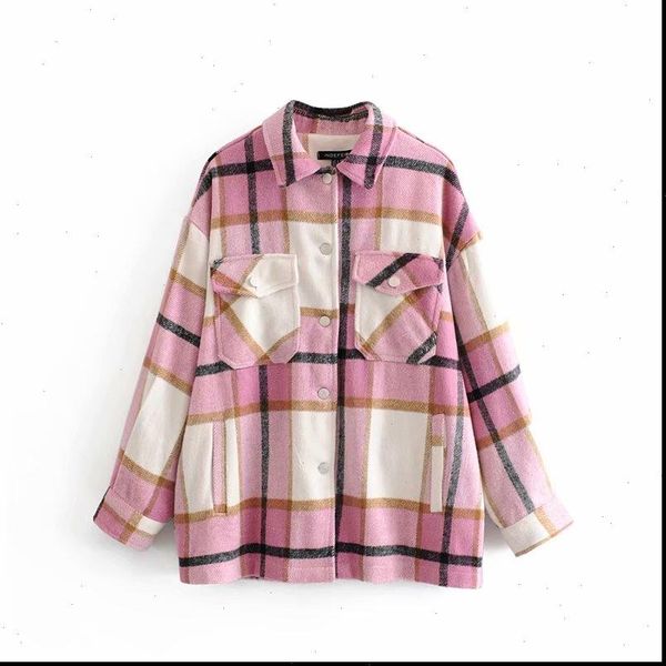 

stylish sweet pink plaid woolen blouse cute girls fashion autumn chic pockets thick warm turn down collar shirts, White
