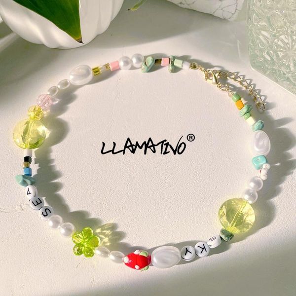 

chains korean candy color flower letter irregular pearl beaded necklace for women handmade acrylic seed beads strand necklaces jewelry, Silver