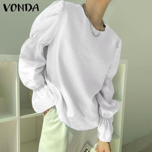 

women's blouses & shirts spring autumn women blouse long puff sleeve casual 2021 vonda o-neck solid color elegant office oversized, White