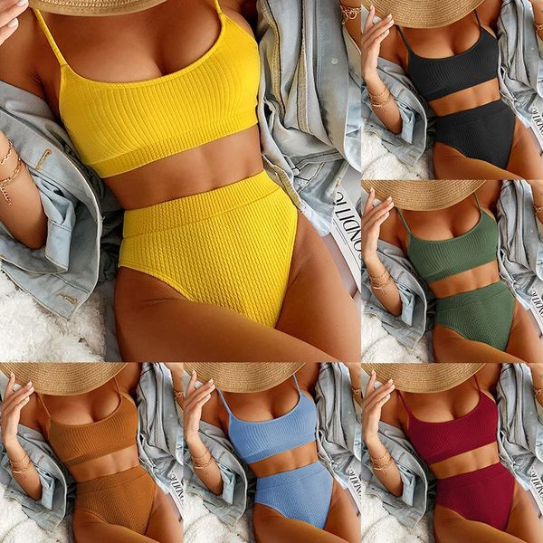 

one-piece suits summer woman two pieces swimsuit bikini push up tankini set beachwear solid yellow spiral pit briefs bathing swim suit