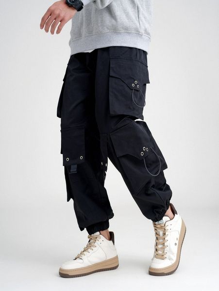 

men flap pocket side grommet detail cargo pants 92aa#, Black
