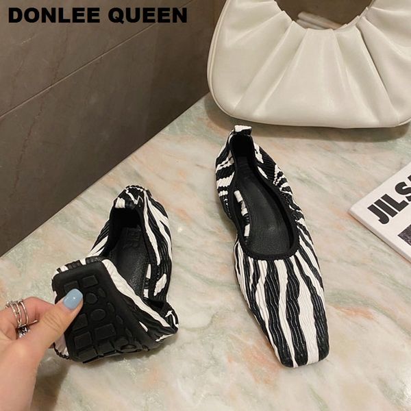 

2020 fashion square toe vintag flat shoes women slip on ballerina shallow ballet flat zebra pattern brand shoes zapatillas mujer, Black