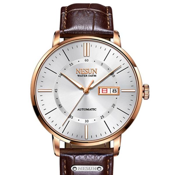 

wristwatches nesun men's watch business casual automatic mechanical waterproof fashion sapphire leather sports watches, Slivery;brown