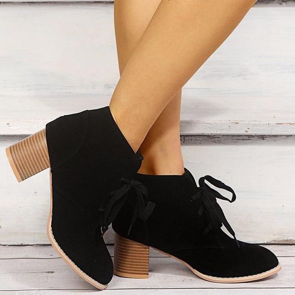 

boots female shoes autumn ladies soft comfort women's print chunky heels drop women leopard ankle woman lace up, Black