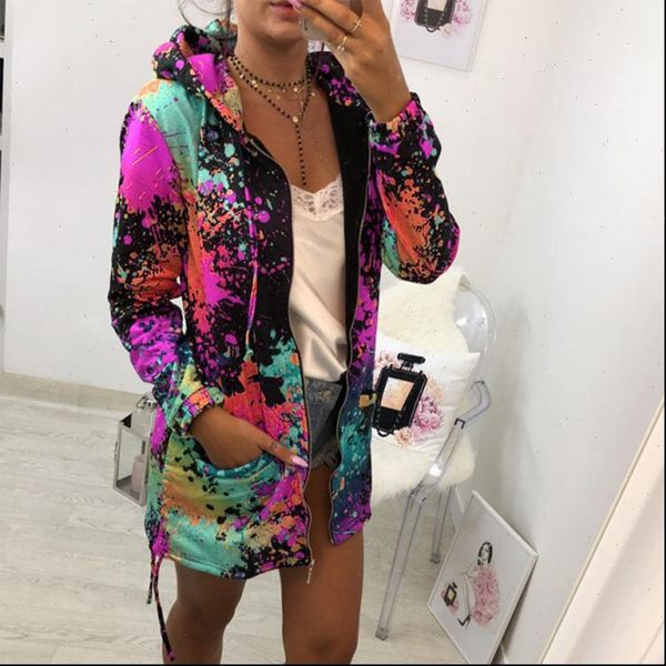 

ricorit autumn new fashion outerwear coat casual long sleeve zipper jacket hoodies coats women hooded printting jackets, Black