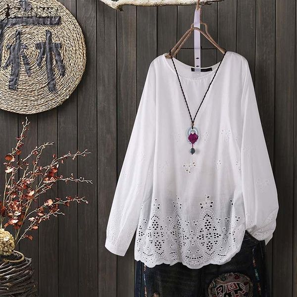 

plus size fashion hollow women's spring blouse zanzea casual long sleeve shirt female o neck solid blusas lace tunic, White