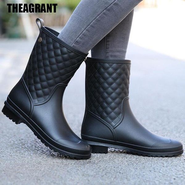

boots theagrant rubber rain women 2021 gingham mid-calf casual shoes woman slip-resistant waterproof rainboots flats wbs2031, Black