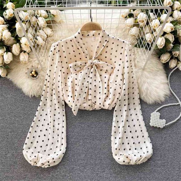

spring fashion retro chiffon shirt women bow neck long sleeve dot print mesh korean clothing blouse r154 210527, White