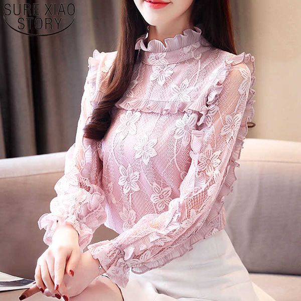 Kore Moda Giyim Bluz Kadınlar Dantel Tops OL Katı Standı Kelebek Kollu Ruffles Pembe Blusas Bayanlar Tops 7905 50 210528