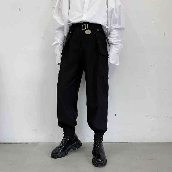 

men's pants fashion men joggers pant man high waist with belt tapered trousers cargo pocket metal disc black loose hip hop techwea
