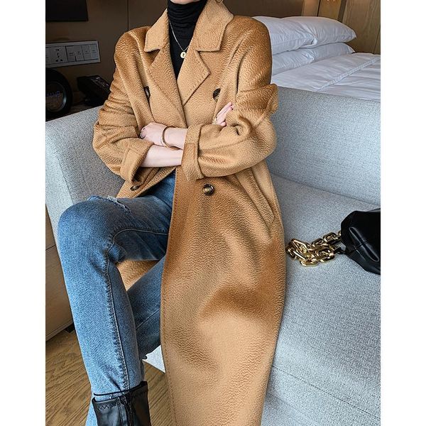

cashmere coat women new s middle long autumn winter brand temperament high end australian water wave pattern woolen coat, Black