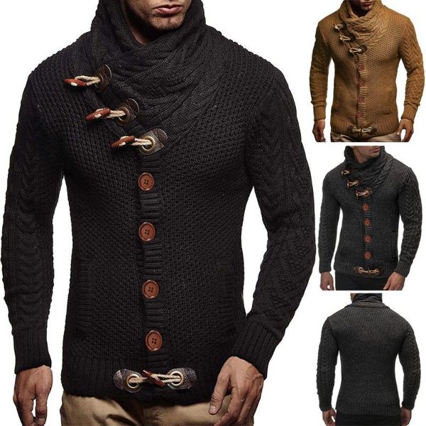 

men's sweaters horn button sweater long-sleeved fashion warrior style temperamentthick wool stand-up collar drawstring knitted, White;black