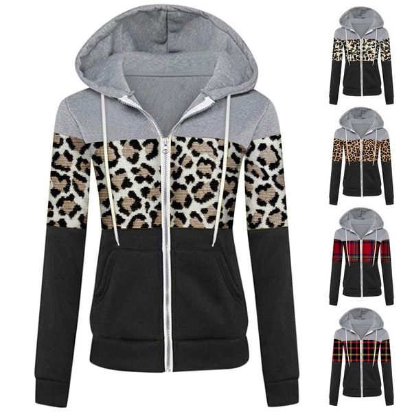 

women's hoodies & sweatshirts plus size leopard plaid casual loose long-sleeved hooded zipper streetwear sudaderas con capucha, Black