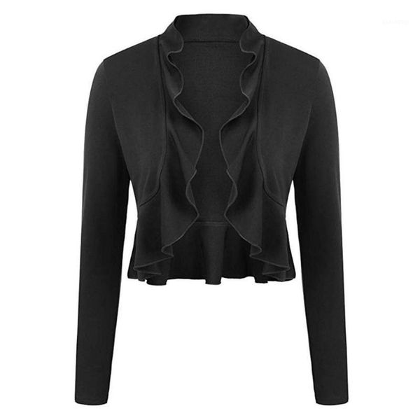 

women's jackets fashion women casual v-neck long regular fit, ruffles trim, front open sleeve solid short outwear1, Black;brown