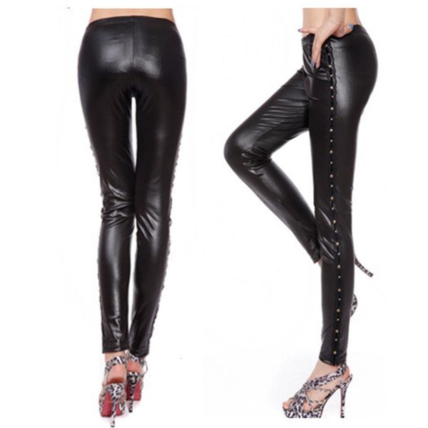 

spring and autumn simple fashion breathable side rivet vertical stitching elastic slim men's ny imitation leather pants, Black