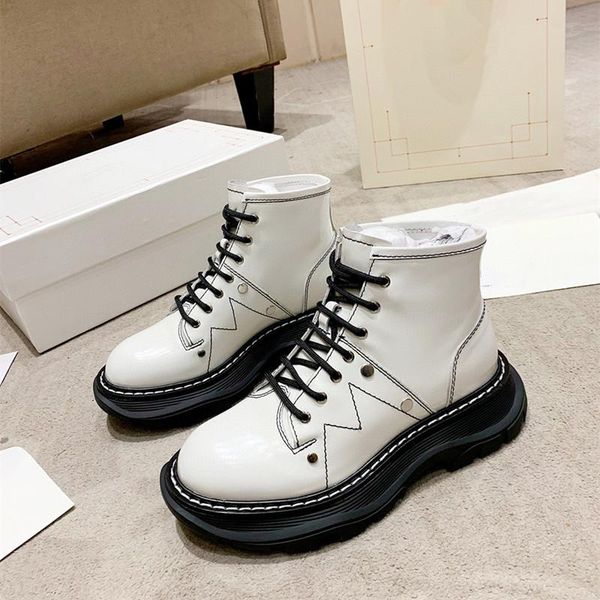 

boots thick bottom genuine leather women ankle designer shoes platform round toe winter, Black
